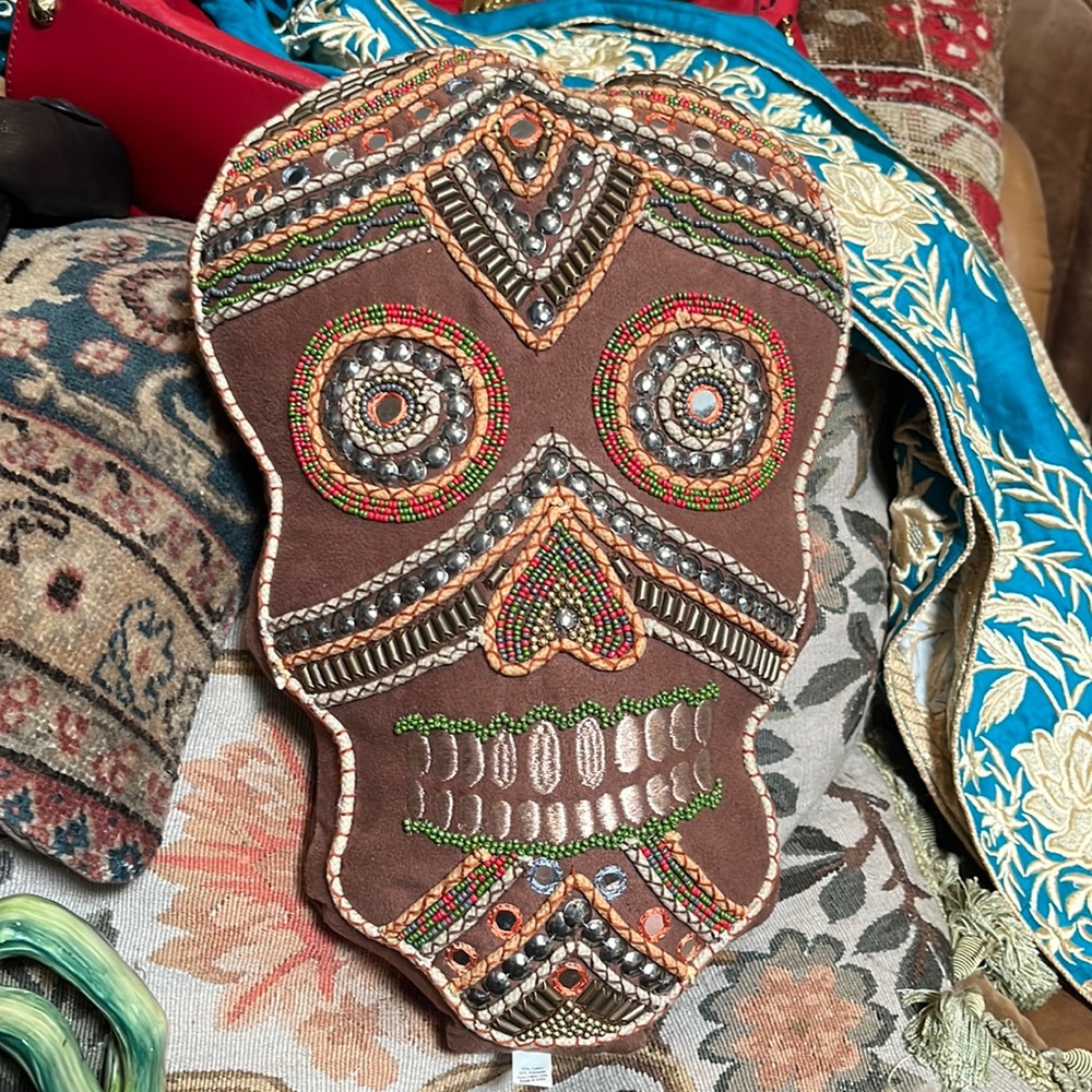 Day of the Dead Scull Thro pillow made in India.15.5 X 11 Beaded
